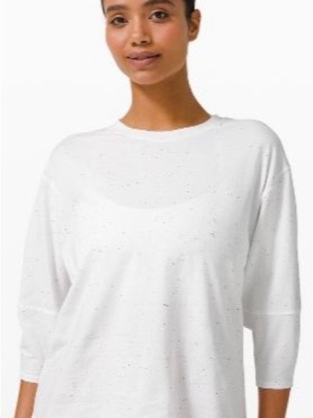 lululemon 3/4 inch crew neck shirt White with black and white confetti.